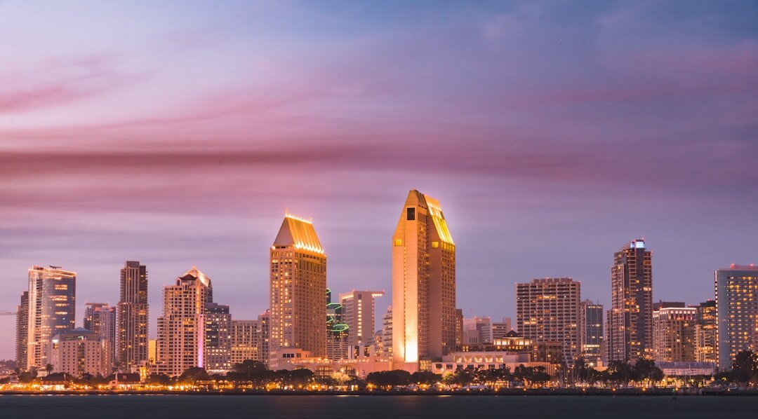 City skyline along the coast at dusk